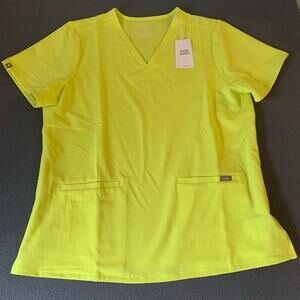 NWT Figs Casma Three Pocket Scrub Top XL Bright Neon Highlighter Yellow